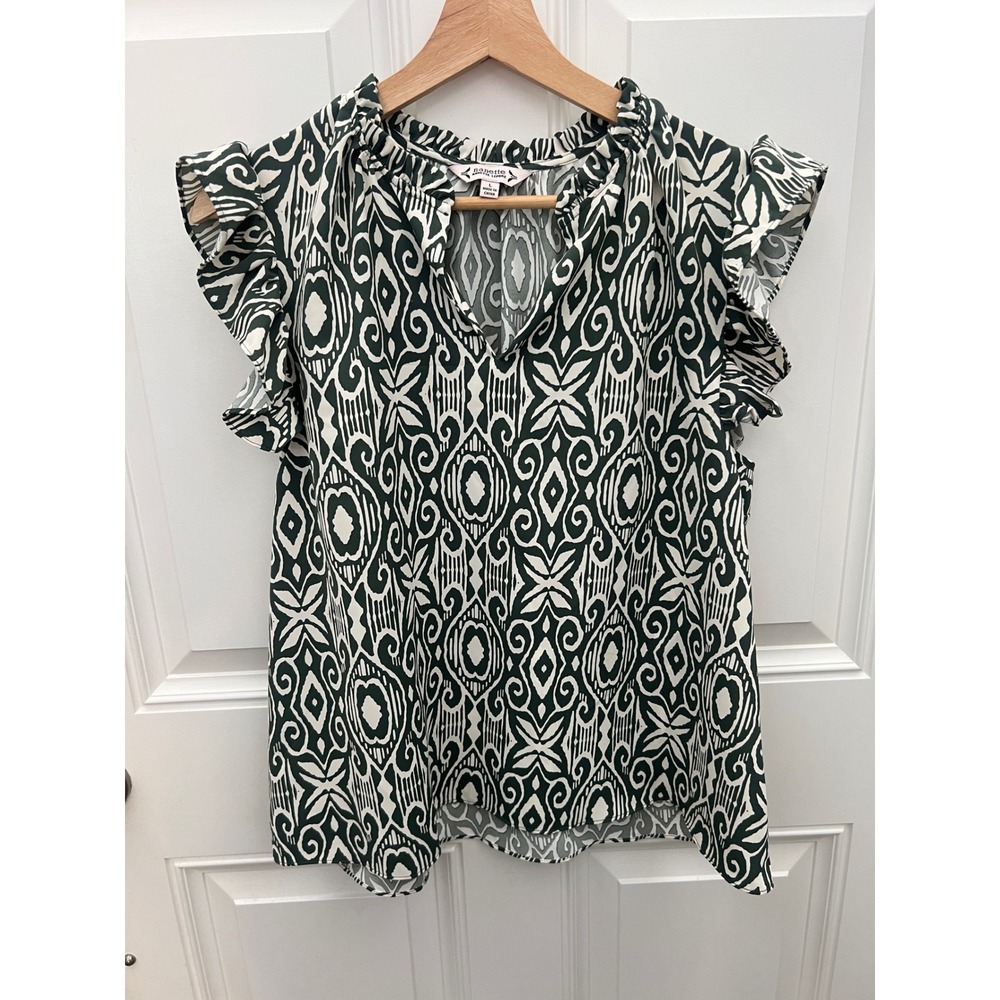 Nanette Nanette Lepore Womens Green White Ikat Flutter Sleeve Blouse L